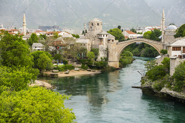 Bosnia and Herzegovina, Federation of Bosnia and Herzegovina, Mostar - April 26, 2019: The old bridge (Stari Mostar) in Mostar connects the parts of town