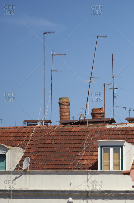 Cluster of antennas on Lisbon rooftops, Portugal