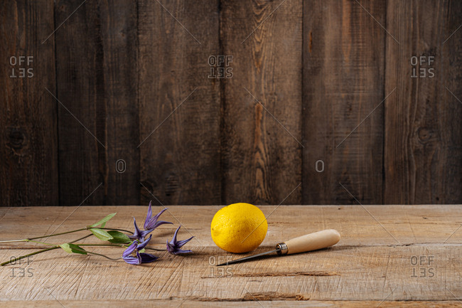 Lemon with knife on wooden surface by purple flowers