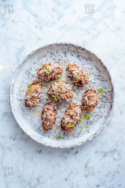 Overhead view of gourmet appetizers on a plate