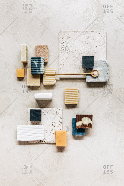 From above photo of skincare soaps composition.