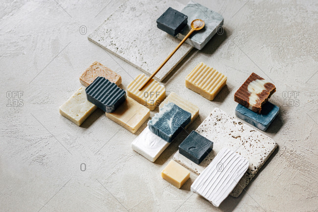 From above photo of composition with skincare soaps.