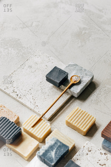 From above photo of composition with skincare soaps.