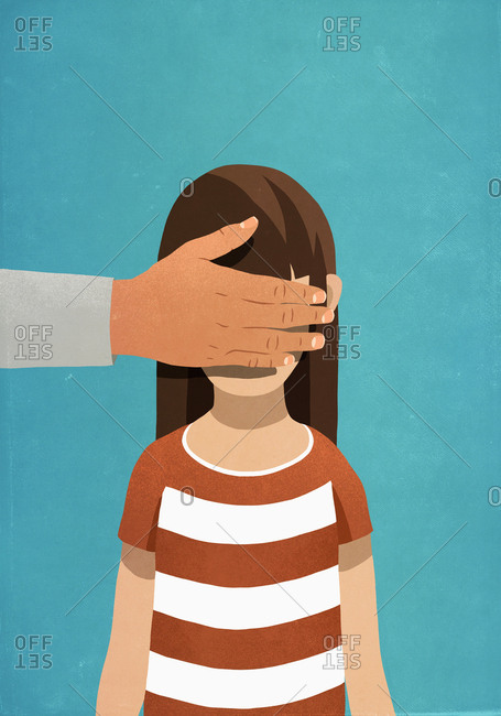 Man covering girls eyes