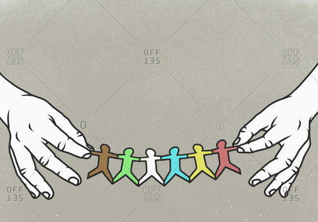 Hands holding multi colored paper chain
