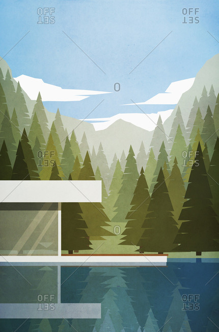 Modern lake house with summer woods and mountains in background