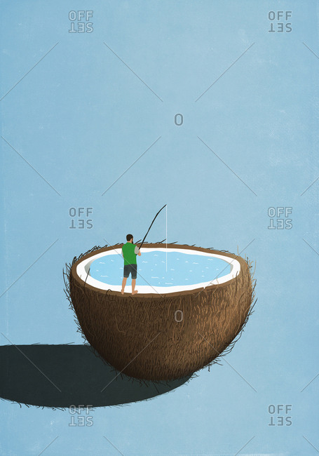 Man fishing inside coconut