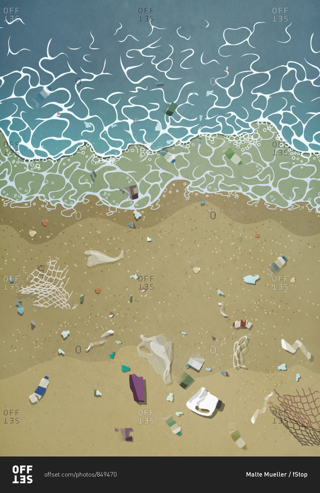 Litter washing up on ocean beach