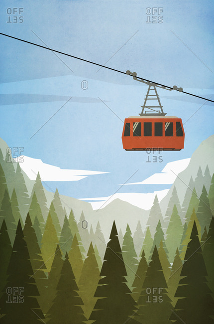Ski gondola ascending above forest trees