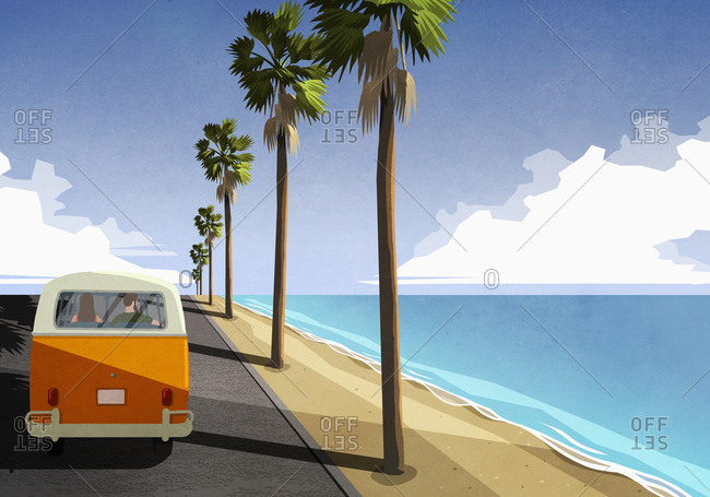 Couple driving along idyllic tropical beach in retro van
