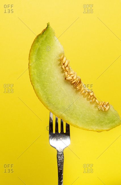 Tasty juicy slice of pitted melon served on shiny steel fork on yellow background