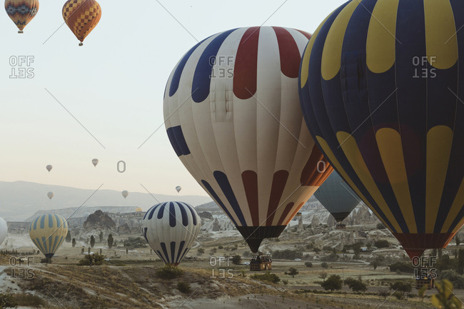 View of hot air balloons flight, Turkey, Cappadocia, Goreme,