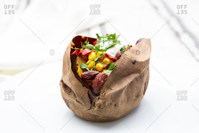 Sweet potato kumpir on plate