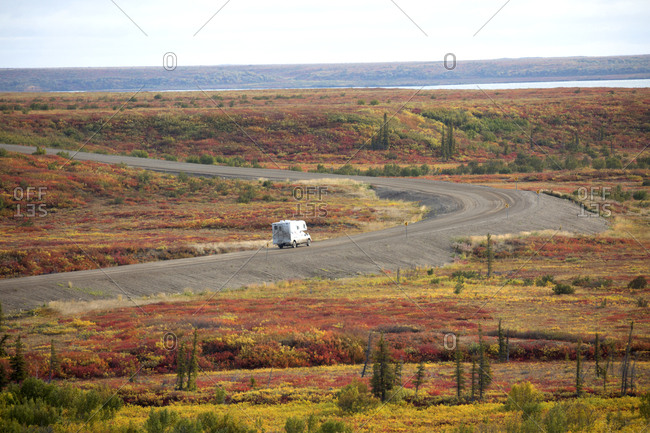 Camper truck on highway dirt in the Northwest Territory of Canada