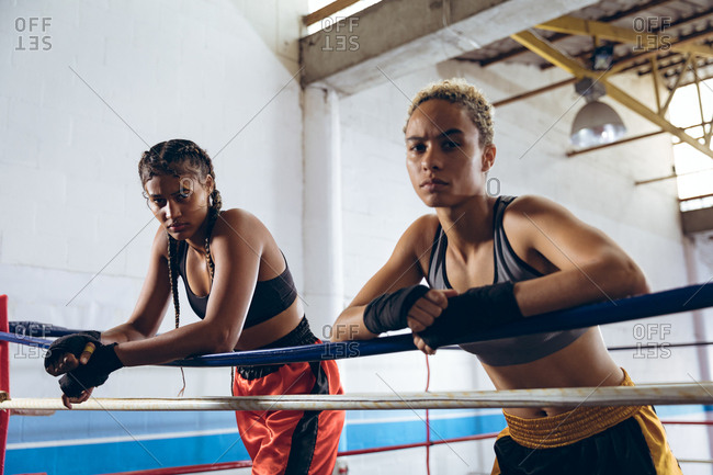 Female boxers leaning on ropes and looking at camera in boxing ring at boxing club