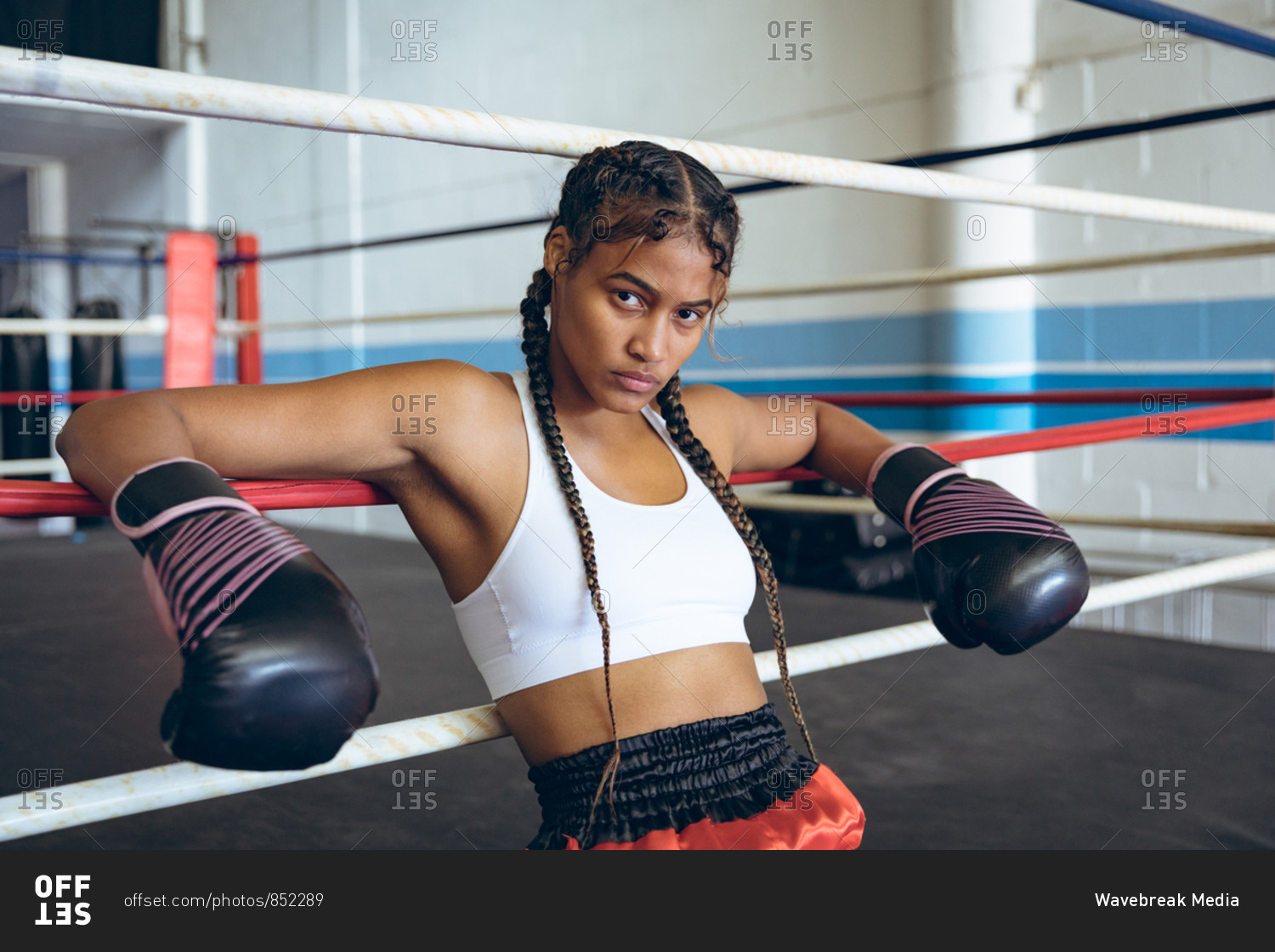 Female boxer with boxing gloves leaning on ropes and looking at camera in boxing ring at boxing club