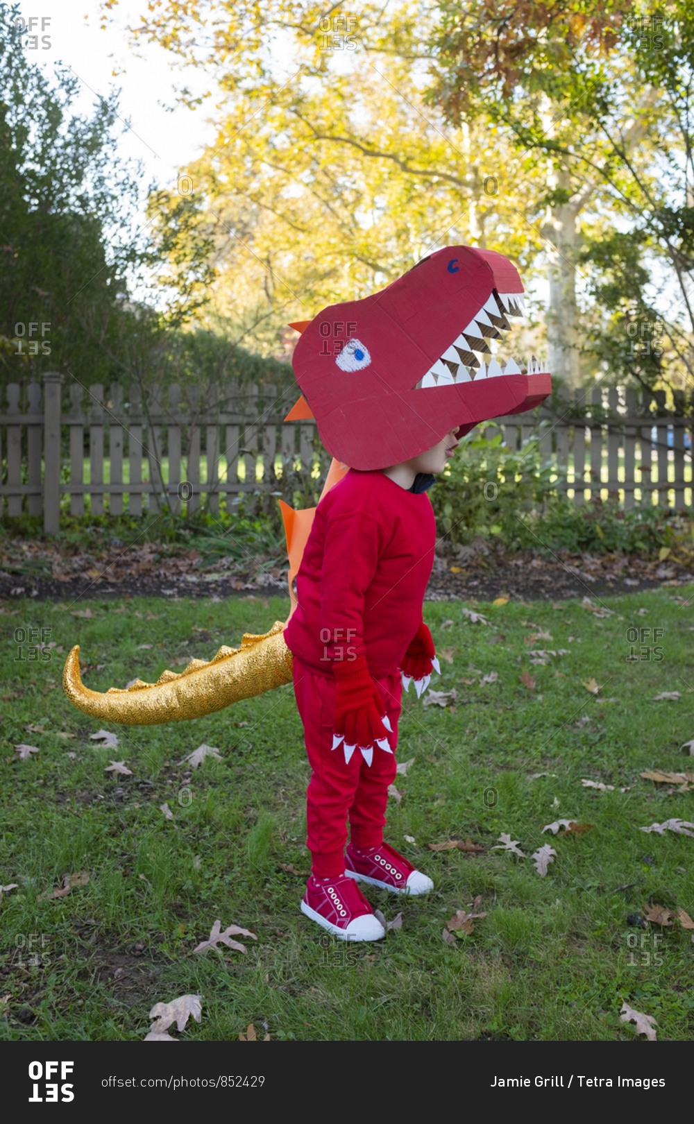 Boy dressed up as red dinosaur