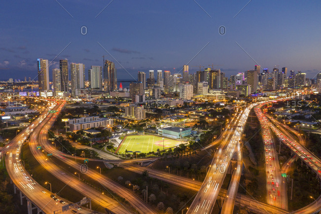 Usa, Florida, Miami,  - January 18, 2019: Highway bridges at sunset in Miami, USA