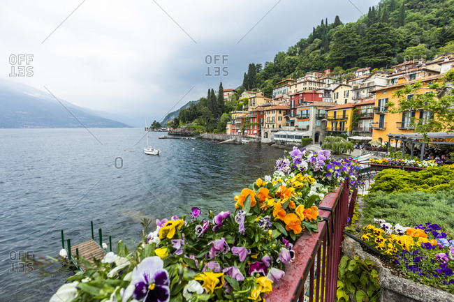 Flowers in town of Varenna by Lake Como, Italy