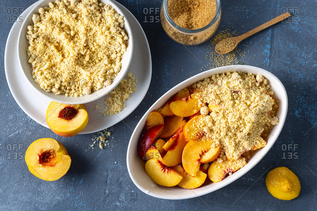 Raw ingredients for cooking plum peach pie