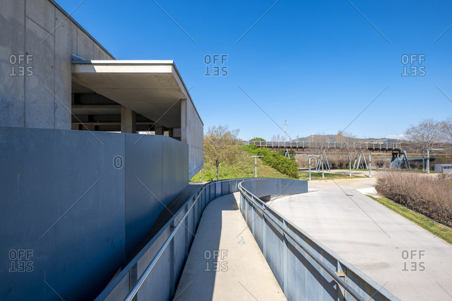March 21, 2019: Urban landscape with contemporary architecture in the public park of the city of Viladecans in the province of Barcelona Catalonia Spain