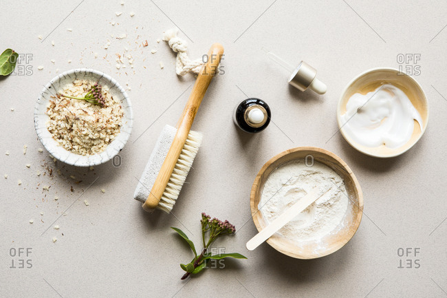 Overhead view of skincare product ingredients