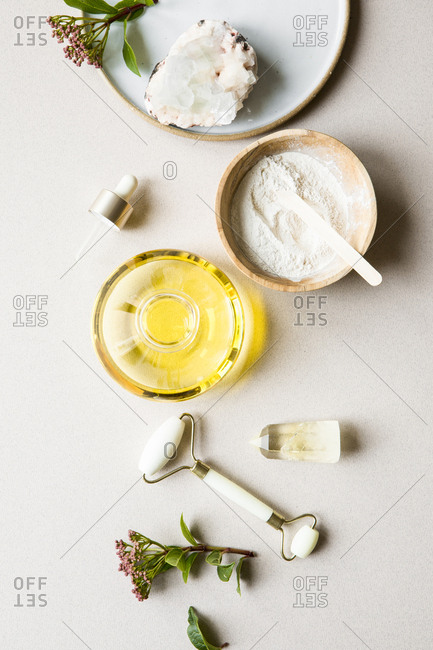 Overhead view of beauty product ingredients and tools