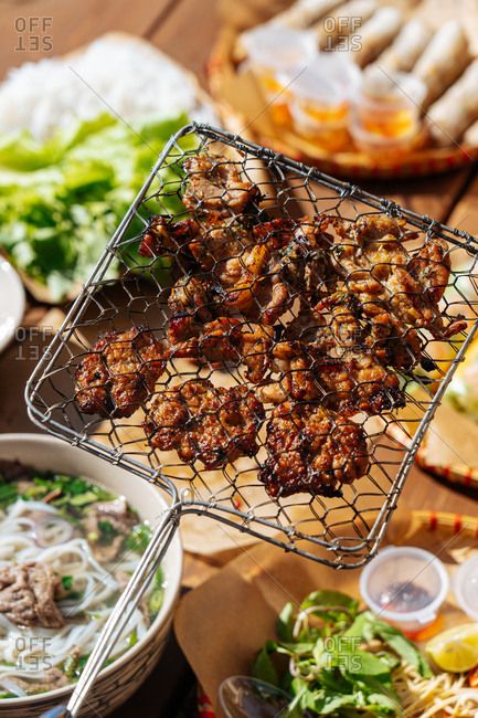 Traditional Asian cuisine on outdoor table