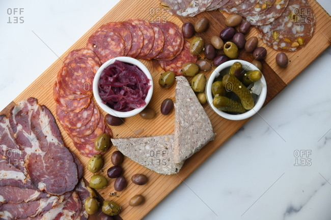 Overhead view of a charcuterie board appetizer