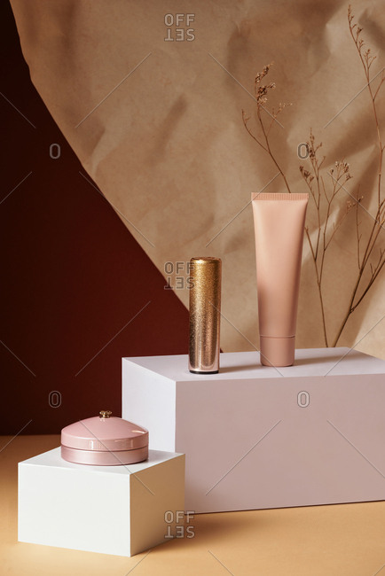 Set of Makeup cosmetics products include lipstick, cream, cushion