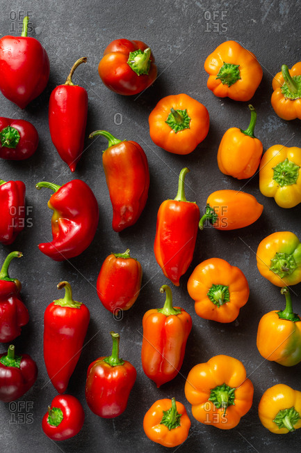 Various washed pepper on dark background