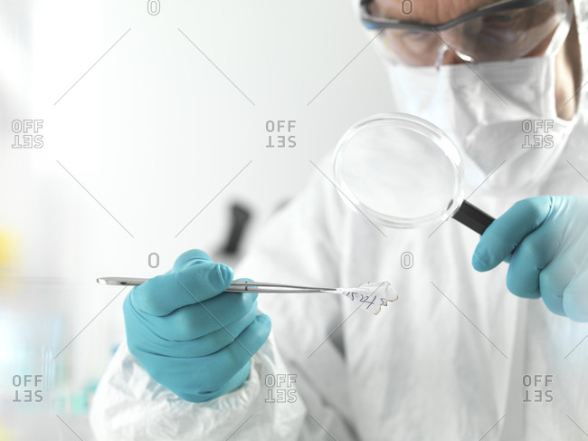 Forensic scientist examining fragments of paper in a laboratory