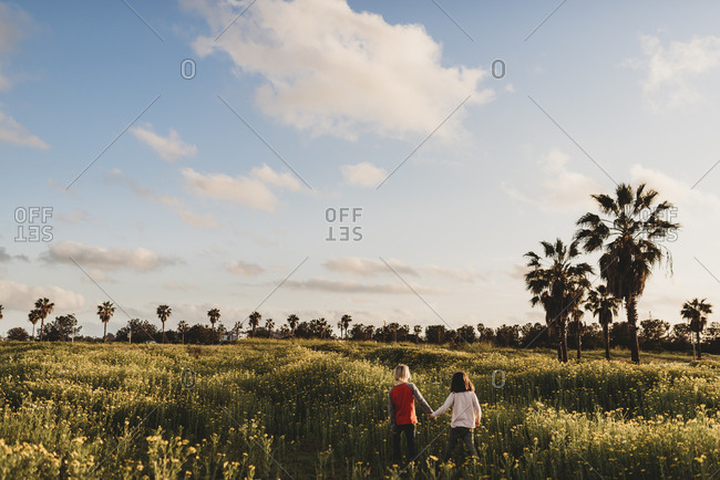 Landscape view of little girl and boy holding hands walking