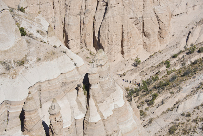 Aerial view of hikers on a trail in Kasha-Katuwe Tent Rocks National Monument, New Mexico