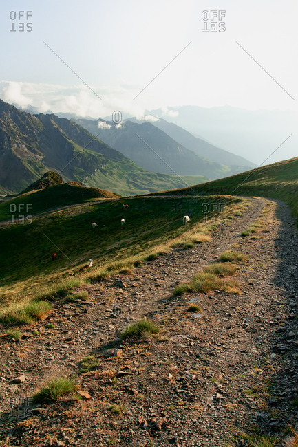 Dirt path extending inland to mossy mountains in foggy mist under cloudy sky