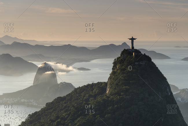Beautiful landscape of christ redeemer statue and sugar loaf mountain