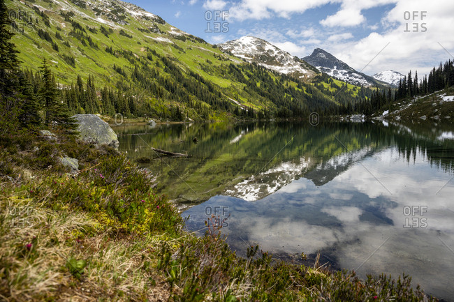 Scenic view of alpine lake in mountains with blue sky in canada.