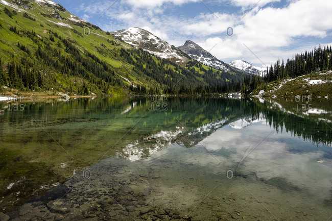Scenic view of alpine lake in mountains with blue sky in canada.