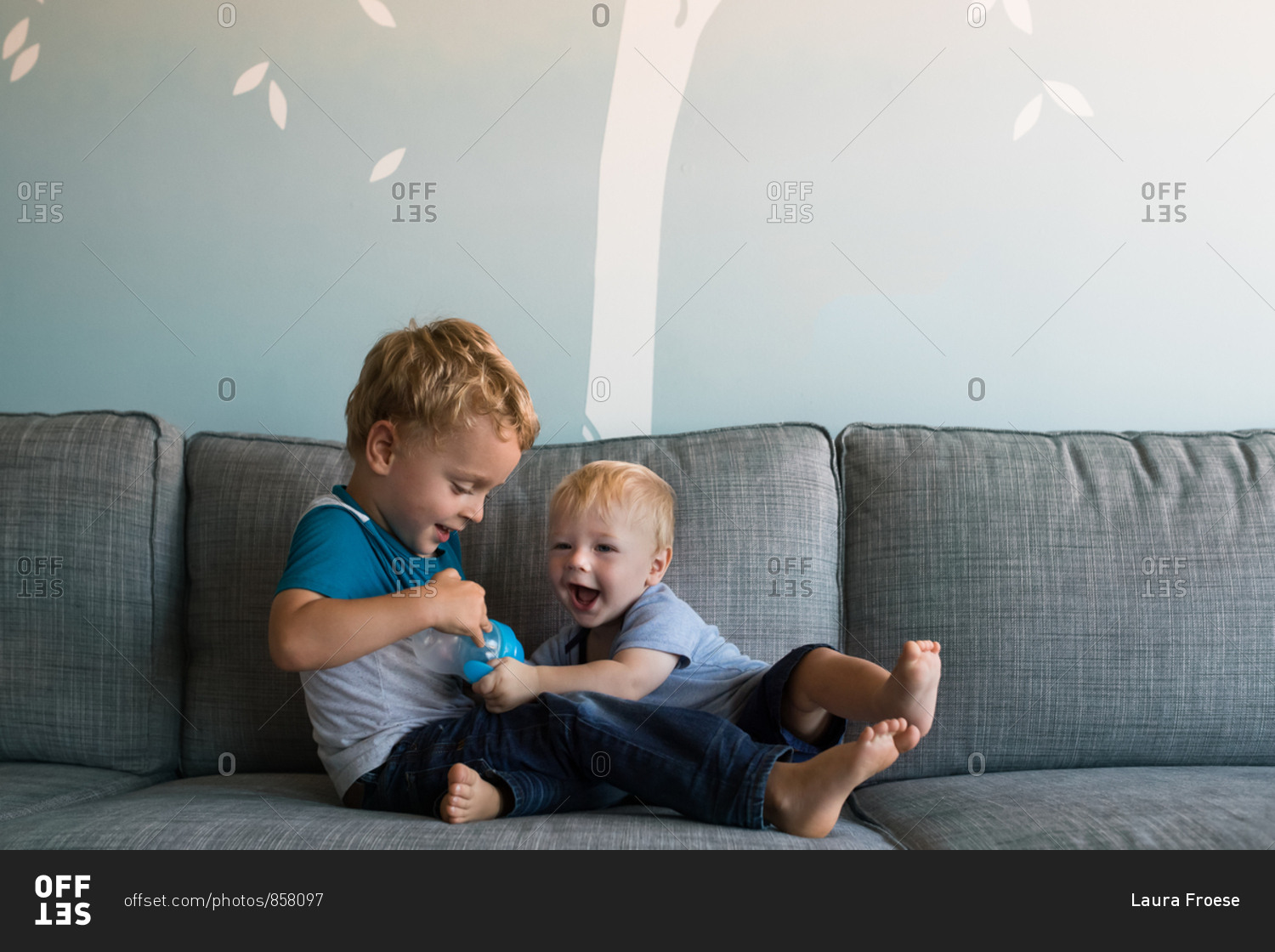 Two little boys playfully wrestling over a sippy cup
