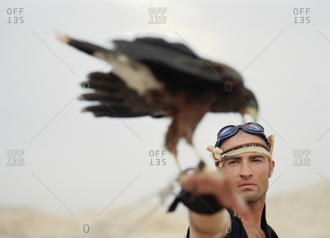 Young man standing with a bird of prey perched on his wrist.