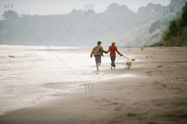 Young adult couple running along a beach with their dog.