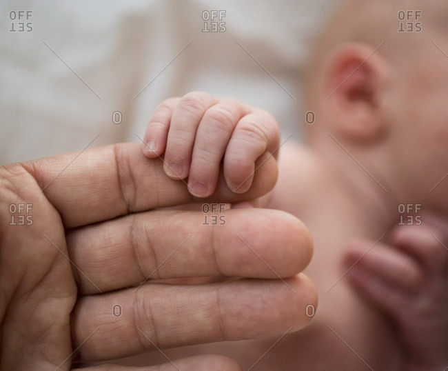 Close up of a baby's hand holding on to a person's fingers.