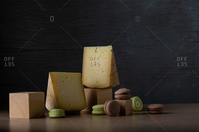 Cheese wedges on wooden blocks