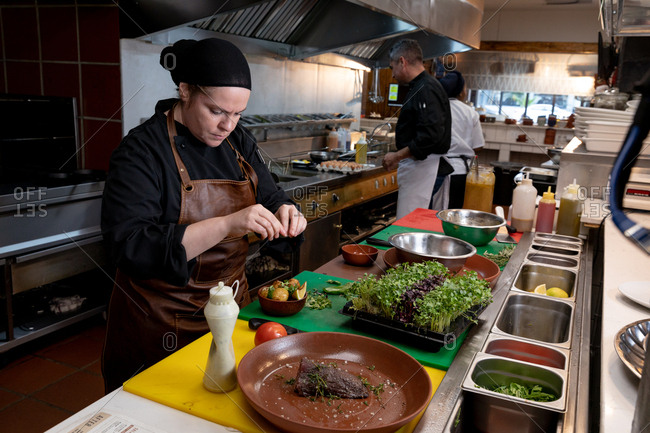 Side view close up of a young Caucasian female chef garnishing a dish in a restaurant kitchen, with other kitchen staff busy working in the background