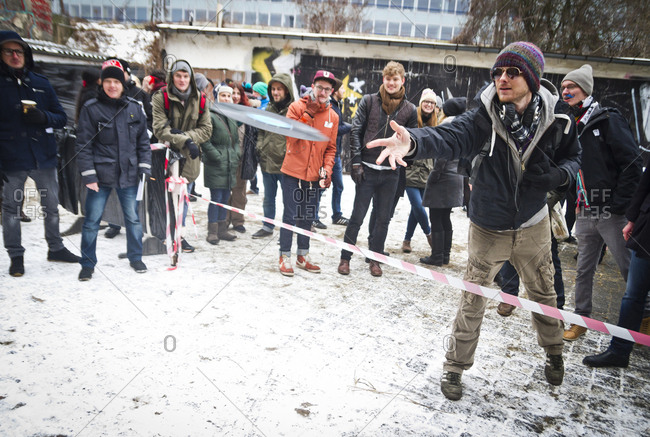 February 23, 2013: The vinyl throwing competition at the Hipster Winter Olympiale in Berlin, Germany