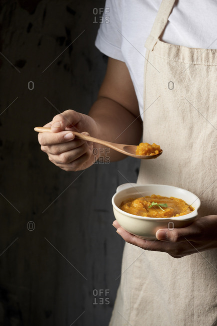 Freshly made pumpkin soup served in a bowl