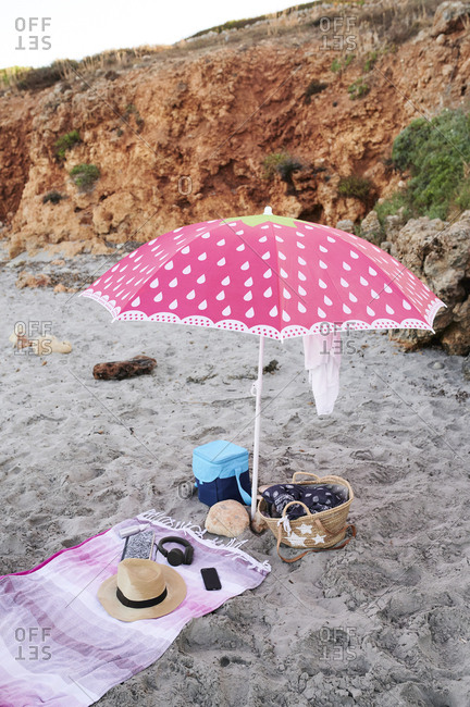 Beach equipment on the beach- Menorca- Spain.