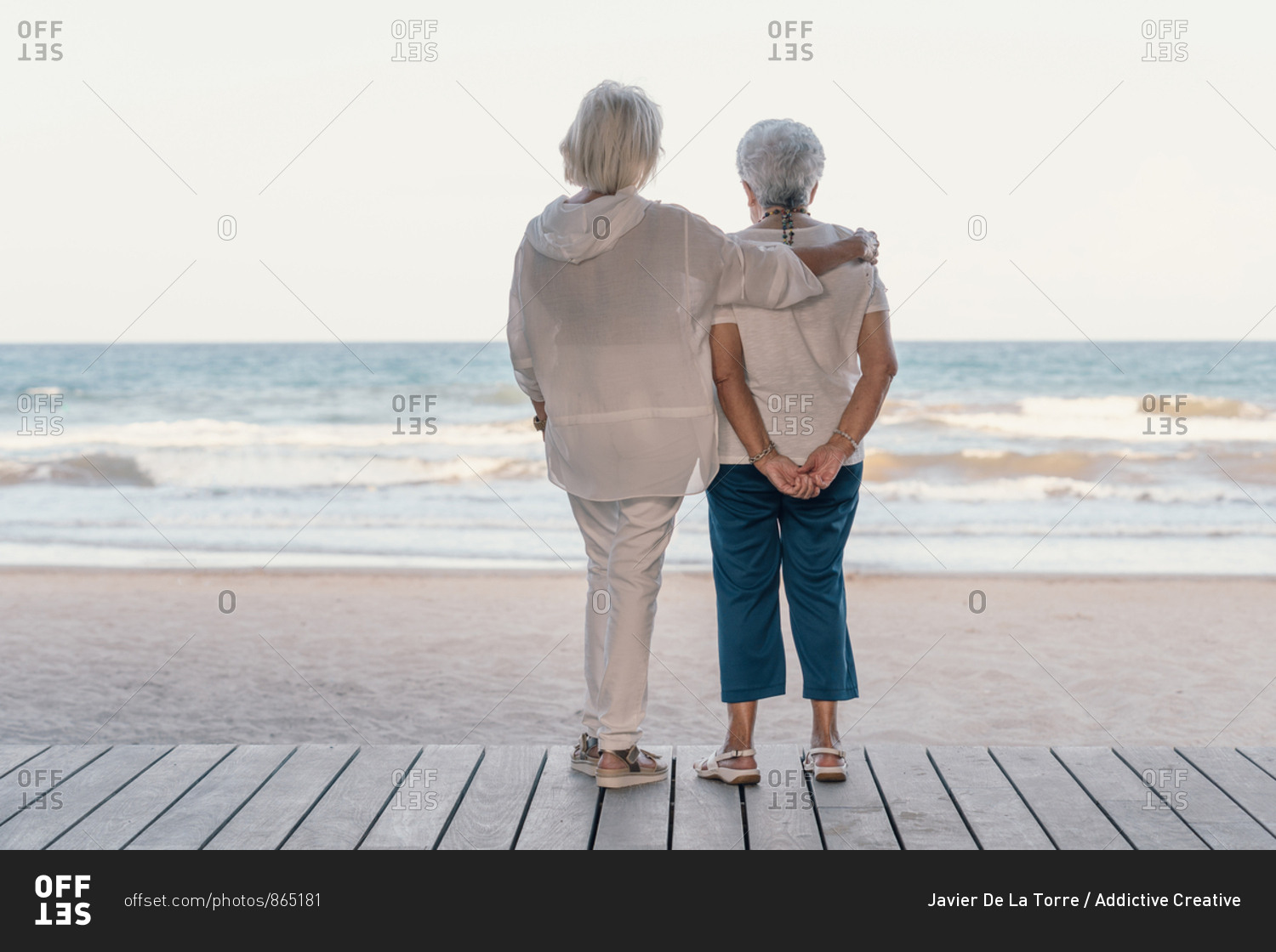 Back view peaceful mature white-haired female friends embracing on beach and looking at sea in summer day while remembering old times