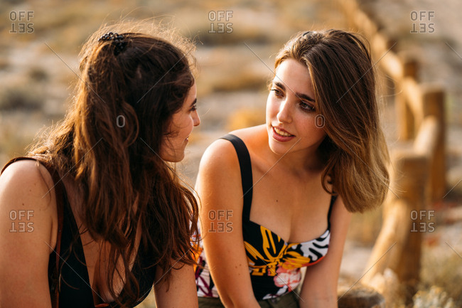 Pretty young beautiful women relaxing on wooden fence chatting and looking at each other on blurred nature background