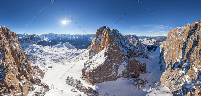 Aerial view of Dolomites mountain range, northeastern Italy.